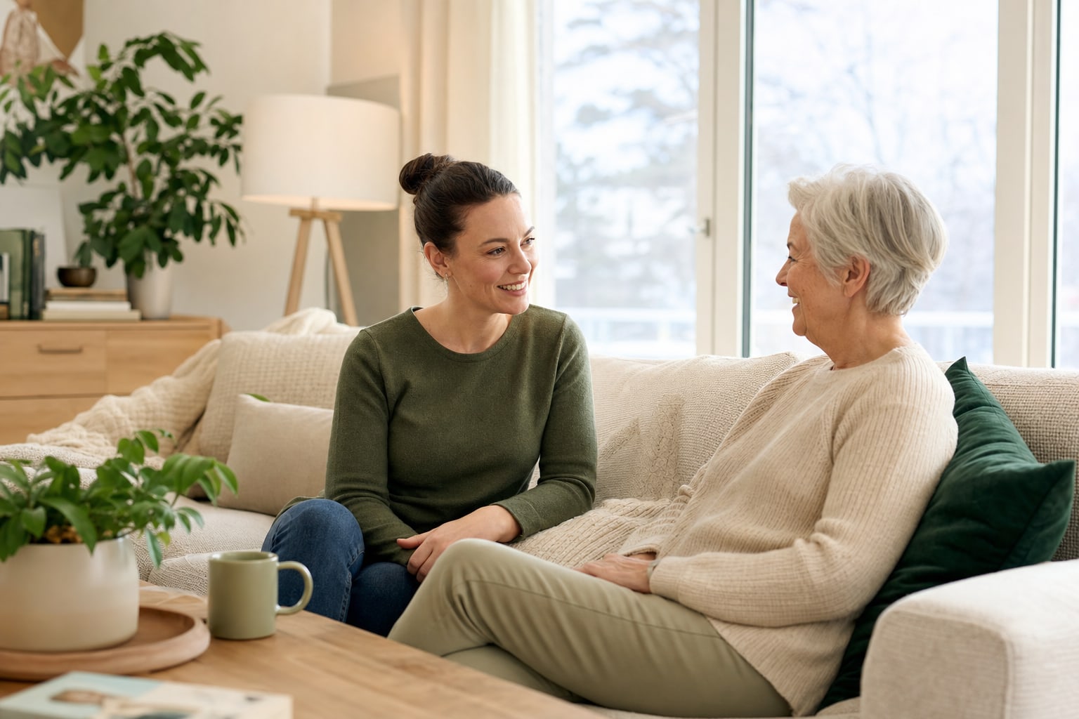 A caregiver and an older adult sharing a warm conversation at home